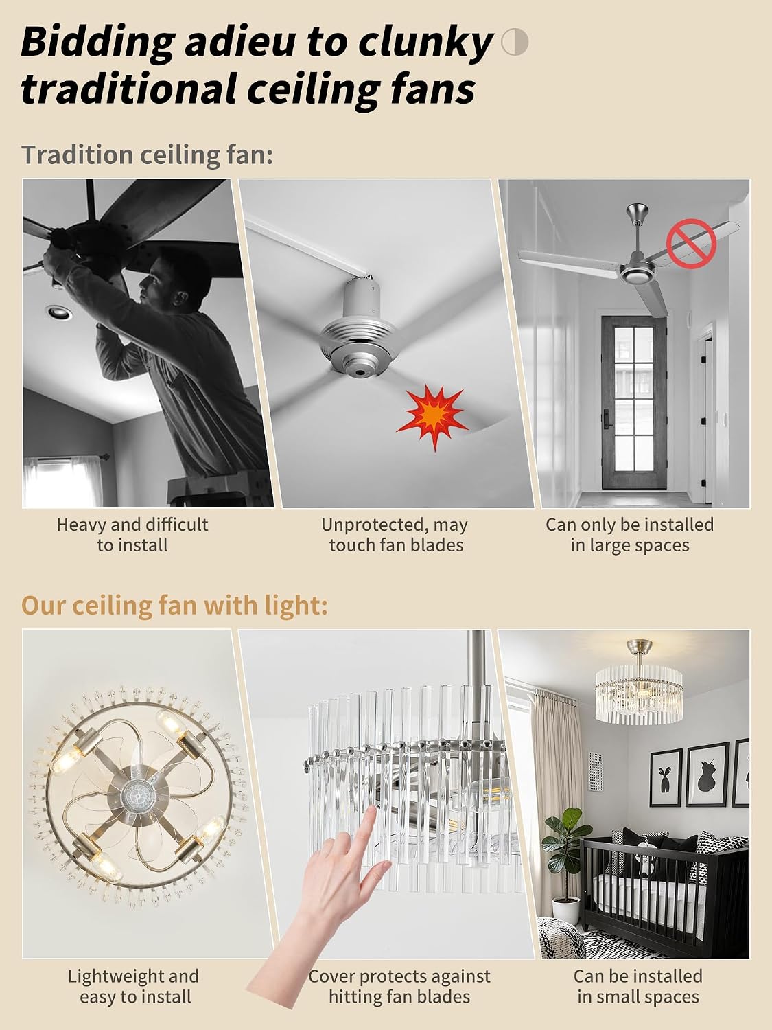 SYDACG 20' Silver and Clear Crystal Fandelier Ceiling Fan with Light, Mid-Century Chandelier Ceiling Fan with Light Remote Control, 6 Speeds for Bedroom, Nursery, Living Room