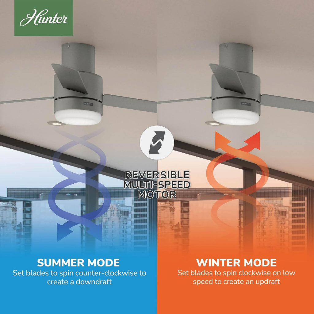 Hunter 44 inch Outdoor or Indoor Ceiling Fan with LED Light and Remote Control - Low Profile Mount Ceiling Fan, 3 Blades, For Patio, Porch, Garage, or Living Room, Quiet - Gilmour 51475, Matte Silver