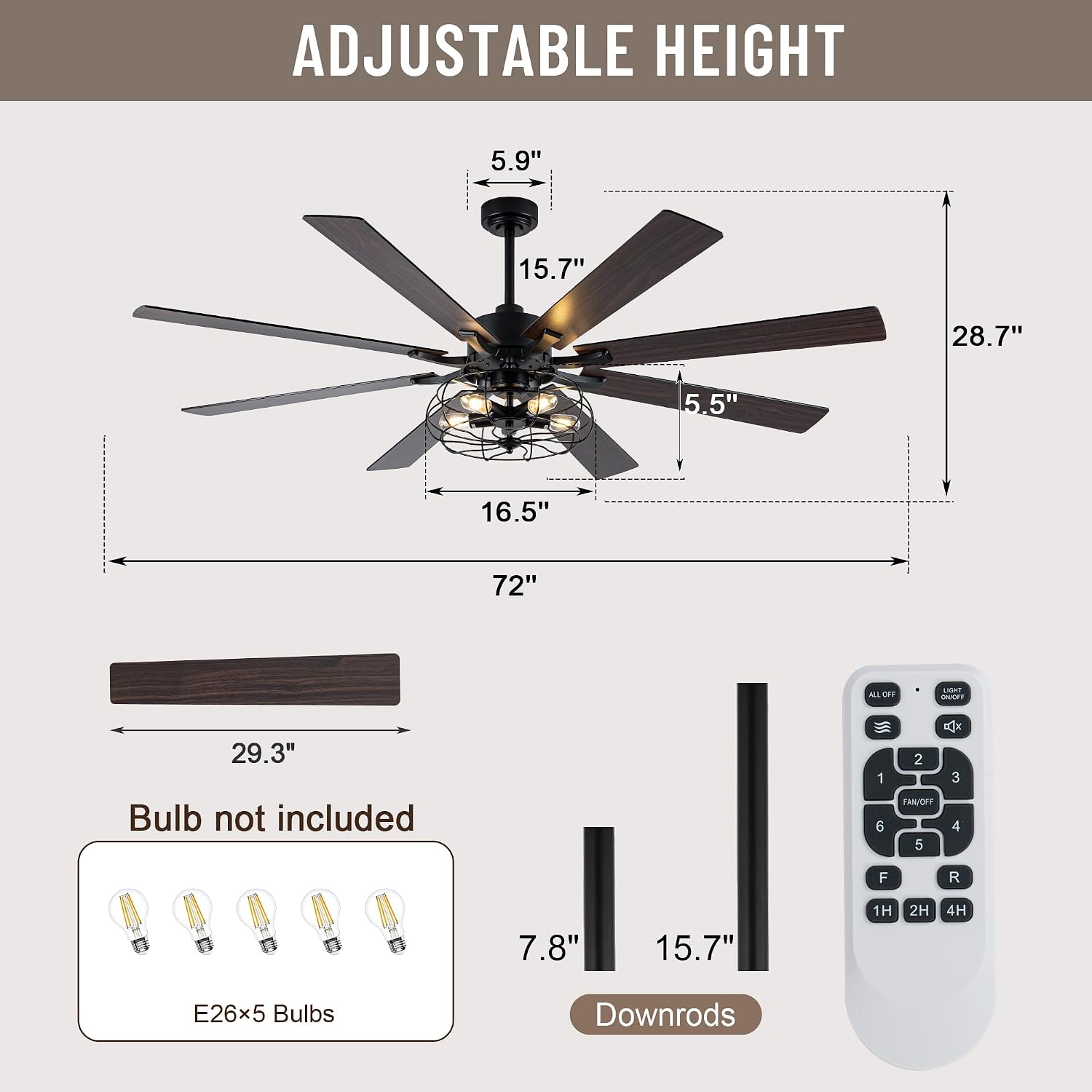 72 Inch Caged Ceiling Fans with Lights and Remote,Industrial Caged Rustic Retro Chandelier Ceiling Fan with Reversible Motor,8 Double Colour Blades for Dining Room Living Room Bedroom Porch Patio