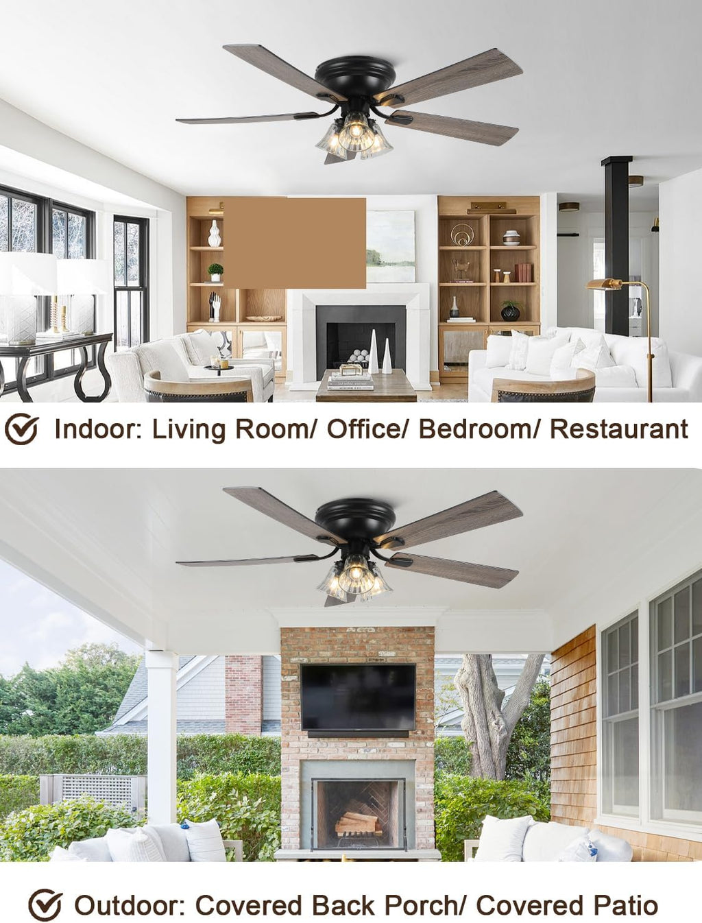 52' Flush Mount Farmhouse Ceiling Fan with Lights and Remote, Rustic Vintage Ceiling Fan Antique Fandelier 3-Lights 5 Reversible Blades Chandelier for Bedroom Living Room Dining Room
