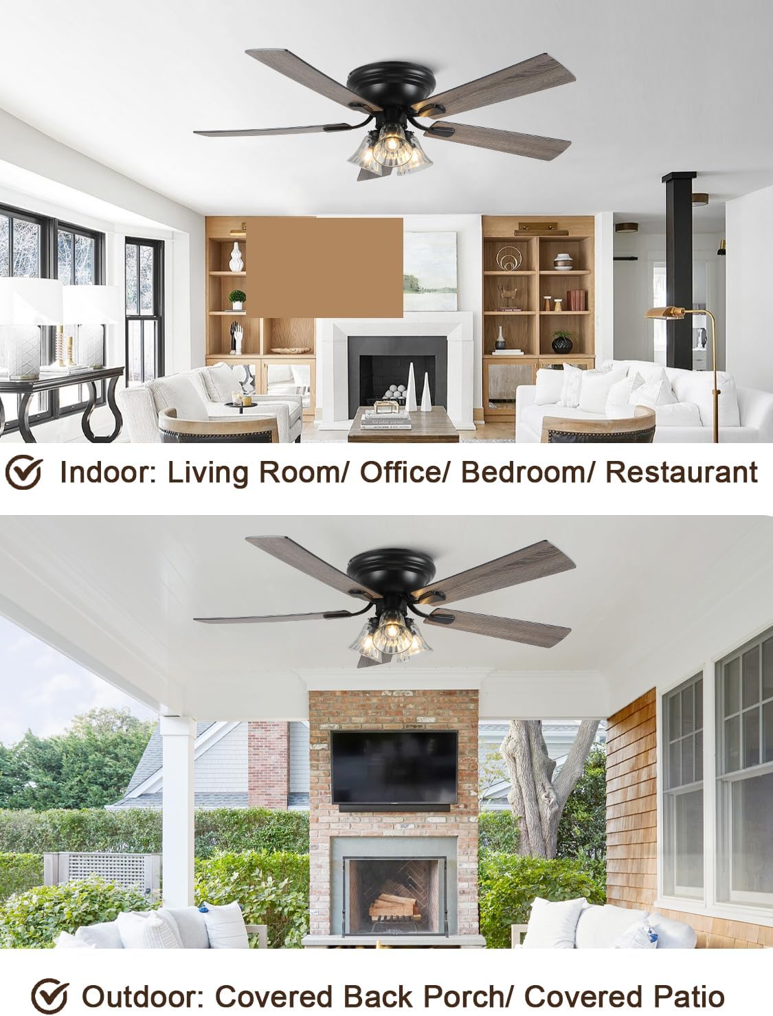 52' Flush Mount Farmhouse Ceiling Fan with Lights and Remote, Rustic Vintage Ceiling Fan Antique Fandelier 3-Lights 5 Reversible Blades Chandelier for Bedroom Living Room Dining Room