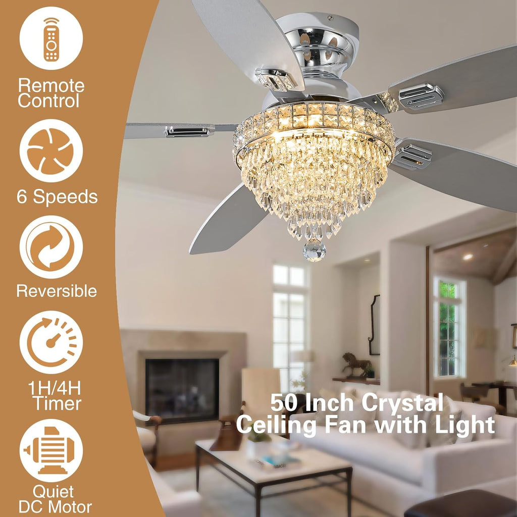 Crystal Ceiling Fan Fandelier with Lights-Ceiling Fans,50' Low Profile and Remote Control, Flush Mount, Reversible, Dimmable, Noiseless,Ceiling Fan for Bedroom（Chrome）