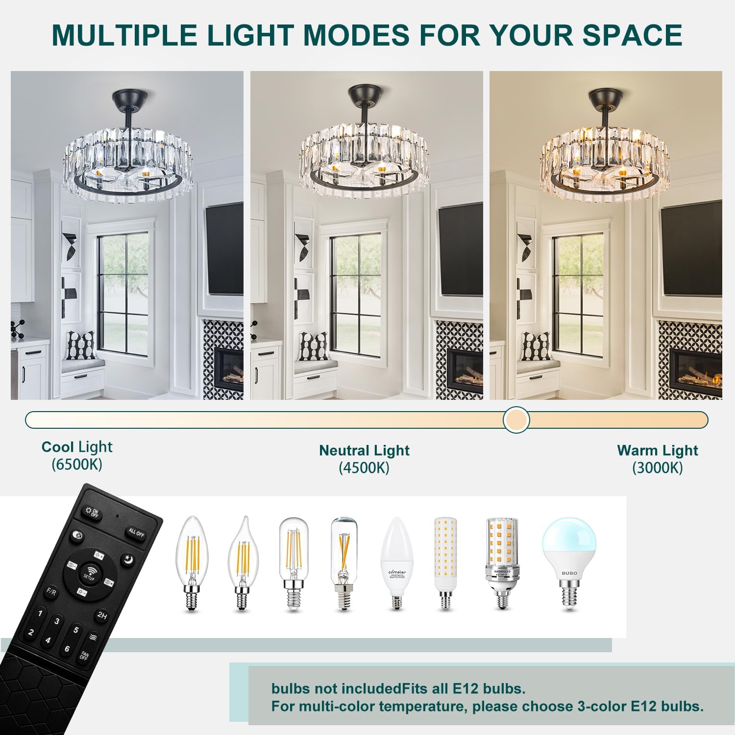 CLAIRDAI 20.7' Crystal Caged Ceiling Fan Black Fandelier Ceiling Fan with Lights and 6 Speed Retractable Ceiling Fans for Bedroom Living Room (6*E12, Bulbs not Included)