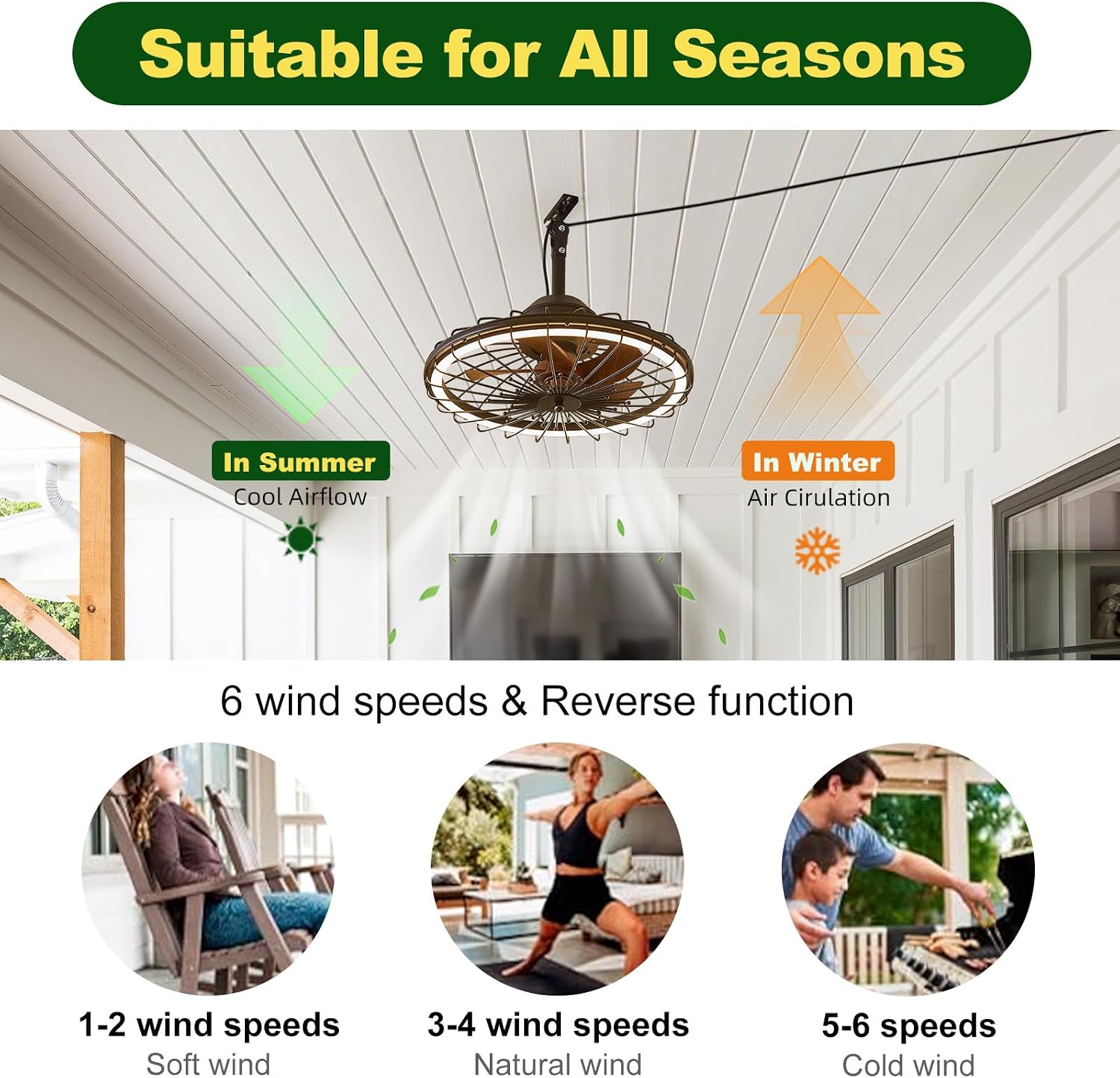 20' Outdoor Ceiling Fans with Light for Patios, IP65 Waterproof Plug in Ceiling Fan, Gazebo Hanging Fan with Remote Control App, Dimmable LED, 6-Speeds for Porch Pergola