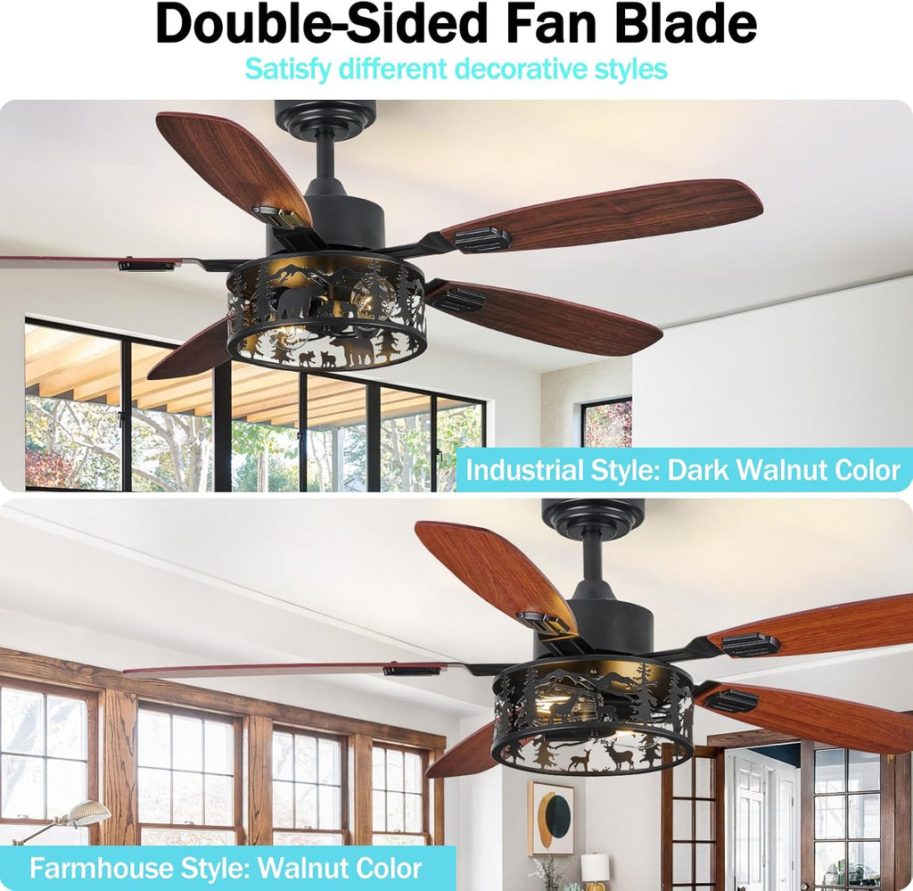 52' Rustic Ceiling Fan with Light - Bear Deer Design, 6 Speeds Reversible DC Motor Farmhouse Industrial Black Ceiling Fans Remote Control for Bedroom, Living Room, Kitchen
