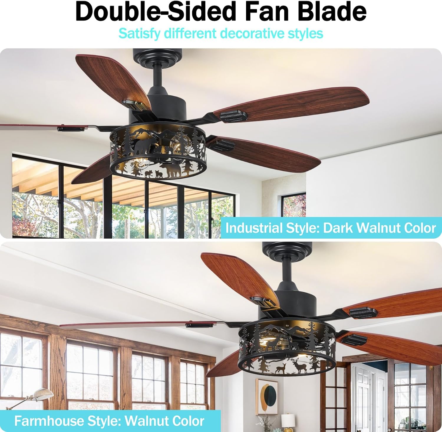 52' Rustic Ceiling Fan with Light - Bear Deer Design, 6 Speeds Reversible DC Motor Farmhouse Industrial Black Ceiling Fans Remote Control for Bedroom, Living Room, Kitchen