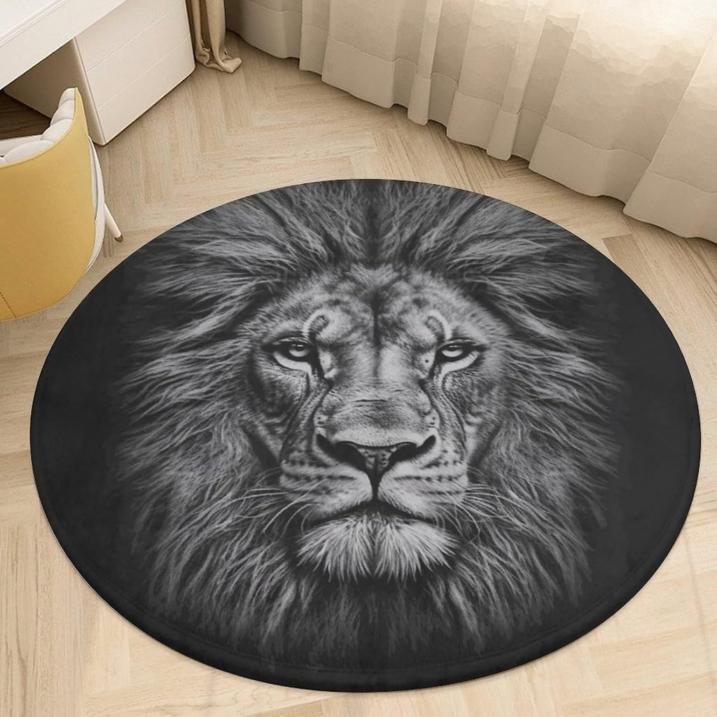 Black and White Lion Head Coral Velvet Round Floor Mat Non-Slip Bath Rug Floor Covering for Bathroom Vanity Guest Suite & Vacation Home