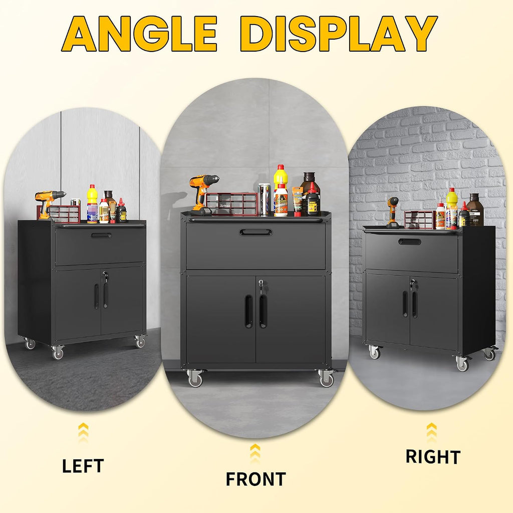 Garage Storage Cabinets with Wheels, Locking Metal Storage Cabinets with 2 Doors and 1 Drawer, Easy Assembly Tool Cabinet for Garage, Basement,Warehouse