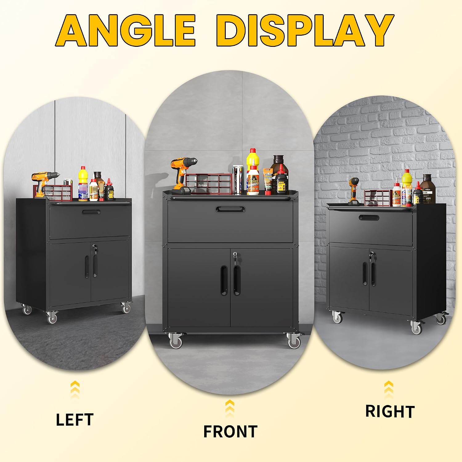 Garage Storage Cabinets with Wheels, Locking Metal Storage Cabinets with 2 Doors and 1 Drawer, Easy Assembly Tool Cabinet for Garage, Basement,Warehouse
