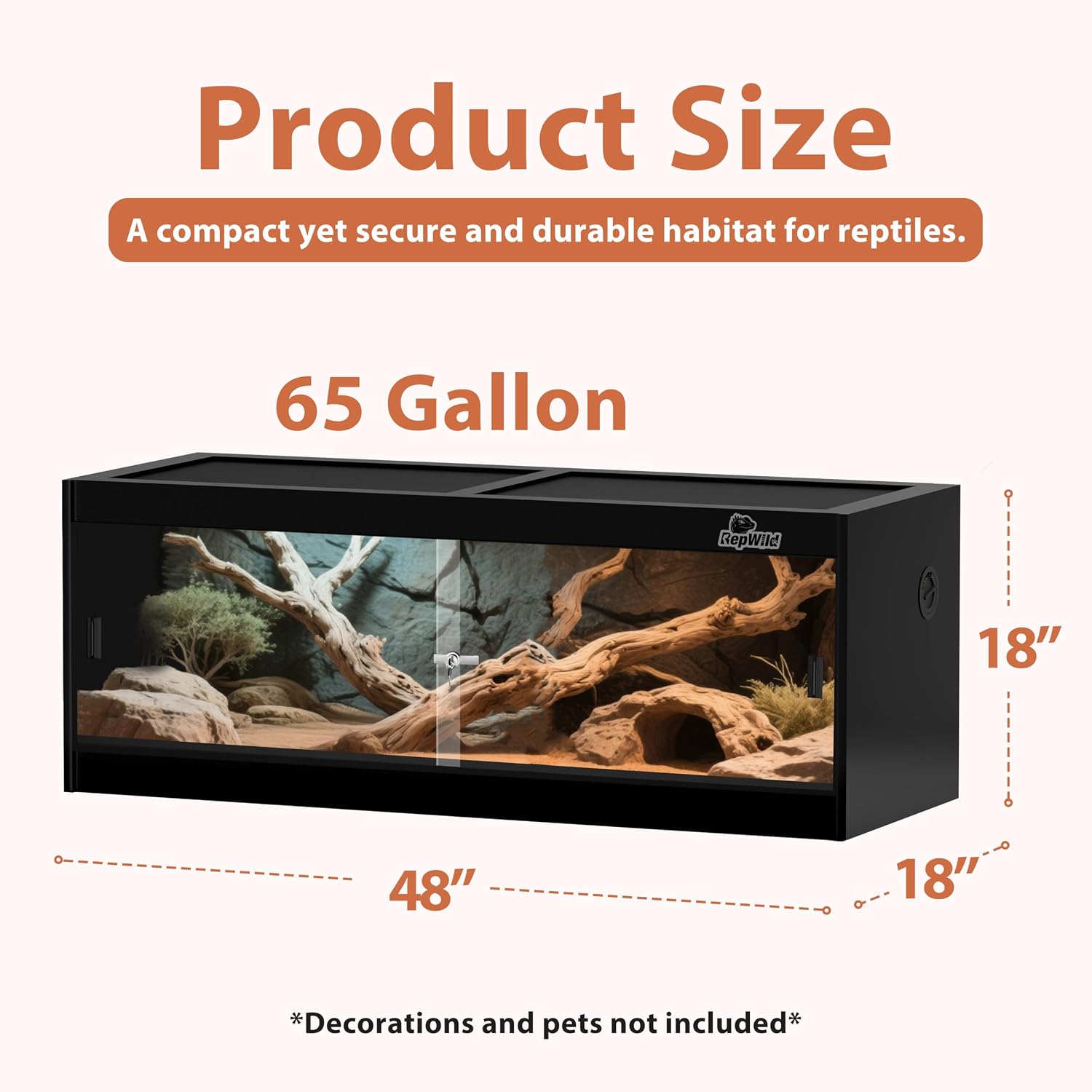 65 Gallon PVC Reptile Enclosure, RepWild 48'x18'x18' Terrarium/Tank with Heavy-Duty Screen Top, Glass Sliding Doors & Lock for Bearded Dragons, Ball Python, Geckos, Lizards