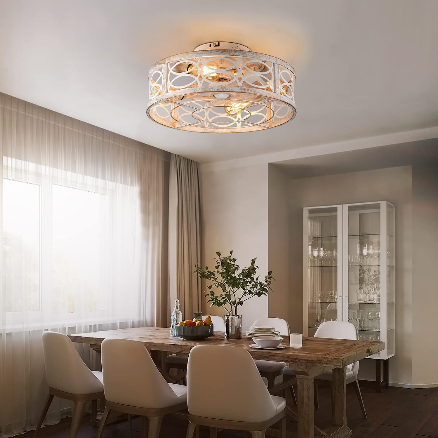 20' Caged Ceiling Fan With Light And Remote，bladeless Ceiling Fan 6 Speed Reversible With 4 Bulbs and Remote Control. With Lights for Bedroom, Dining Room