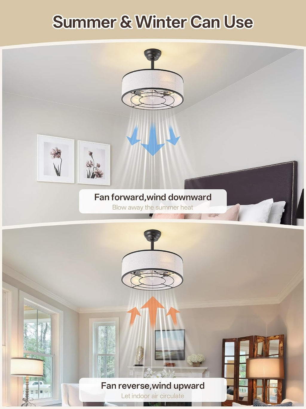 20' Black Caged Boho Fandelier Ceiling Fan with Light & Remote Control - Bladeless Chandelier Fan, 6 Speed Quiet Reversible Motor for Bedroom, Nursery, Living Room