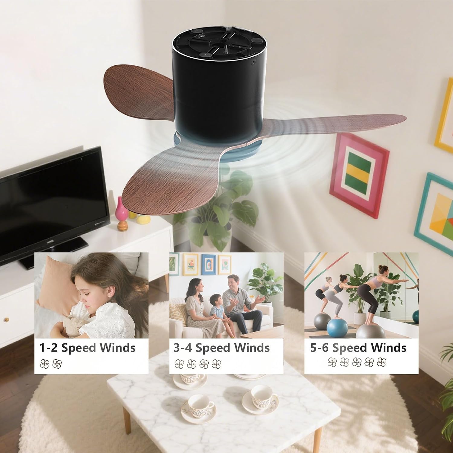 Flush Mount Ceiling Fan No Light Modern Small Ceiling Fans Remote Control 6 Speeds 25 Inch Ceiling Fan Without Lights Quiet DC Motor, 3 Blades For Restaurant Bedroom Patio Indoor