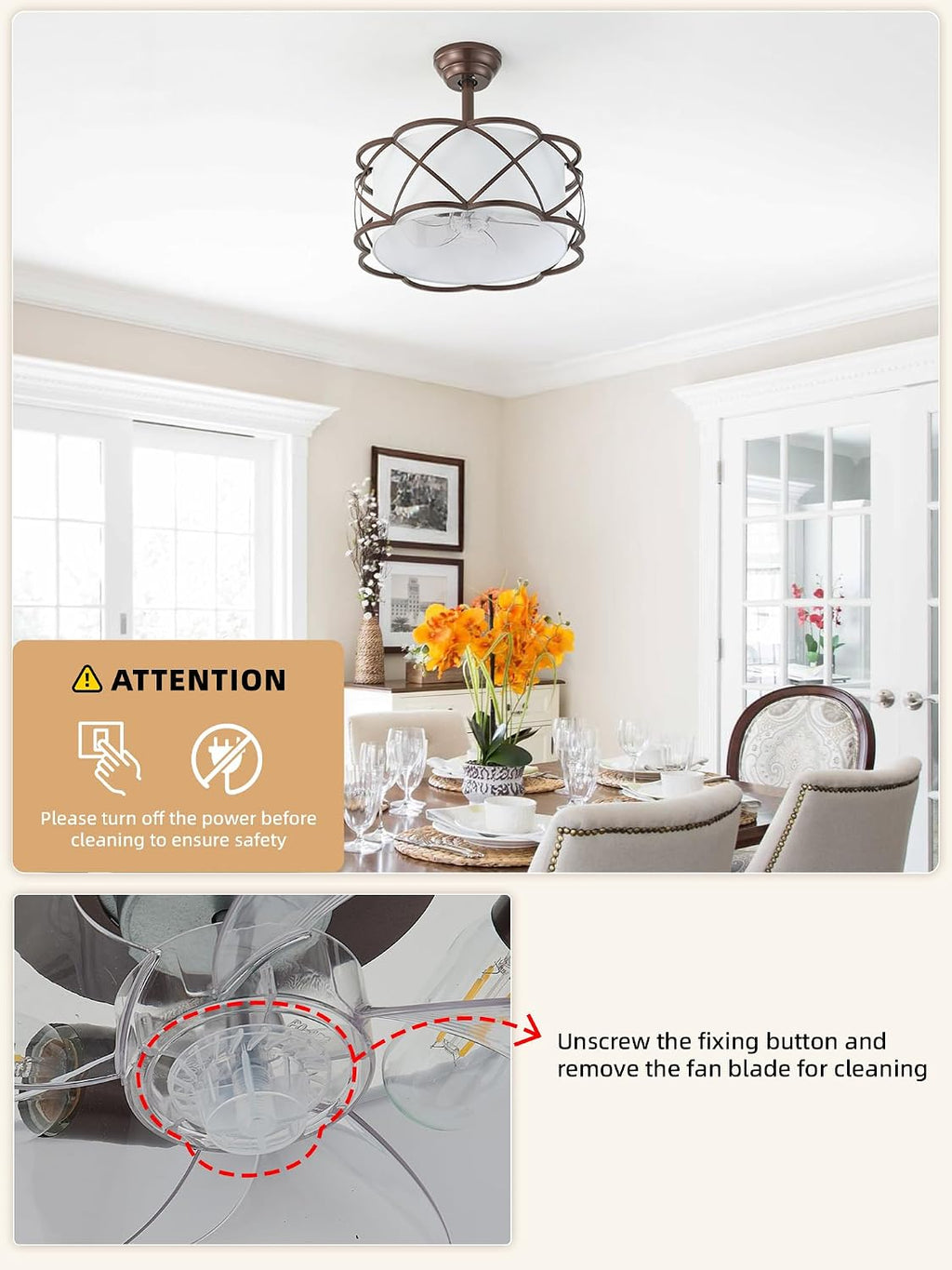 Brown Fandelier Ceiling Fans with Lights, 20' Farmhouse Rustic Chandelier Ceiling Fan Remote Control with 6 Speeds for Bedroom, Nursery, Living Room
