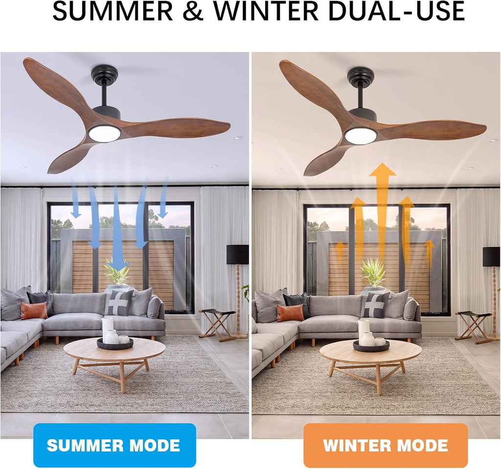 52 Inch Brown Wood Ceiling Fan with Light and Remote, 6 Speed and Reversible DC Motor, 3 Blade Low Profile Flush Mount Mordern Wood Ceiling Fans for Living Room Bedroom Outdoor Patio