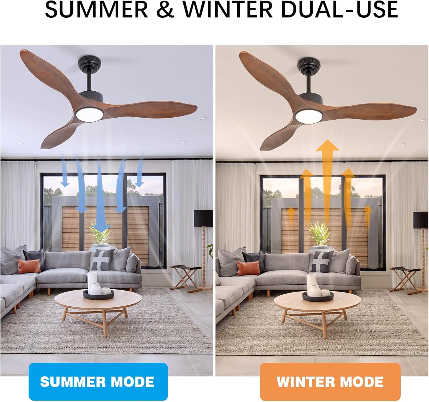 52 Inch Brown Wood Ceiling Fan with Light and Remote, 6 Speed and Reversible DC Motor, 3 Blade Low Profile Flush Mount Mordern Wood Ceiling Fans for Living Room Bedroom Outdoor Patio