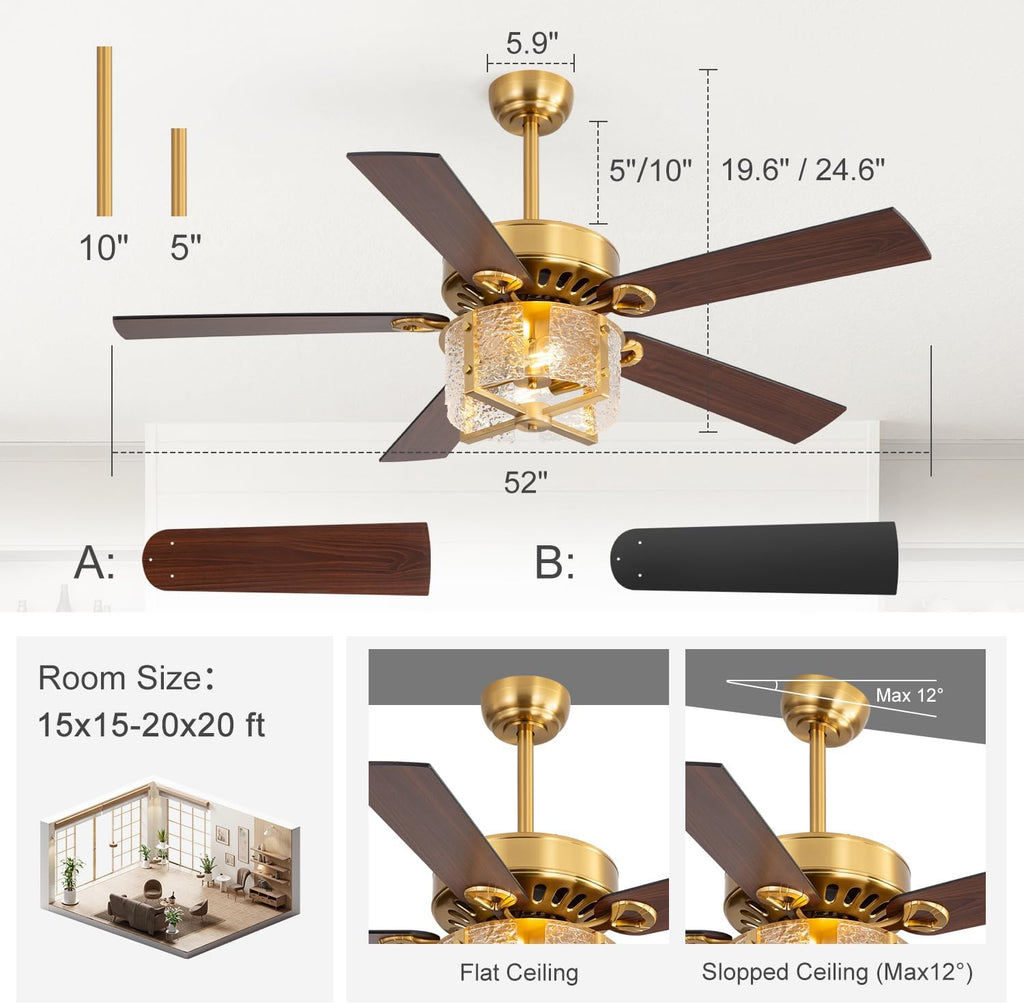 52 Inch Rustic Farmhouse Ceiling Fan with Light & Remote, Ultra Quiet DC Motor, Reversible 5-Blade Design Antique Ceiling Fan Light Dual Downrod for Low/High Ceilings - Modern Black Gold