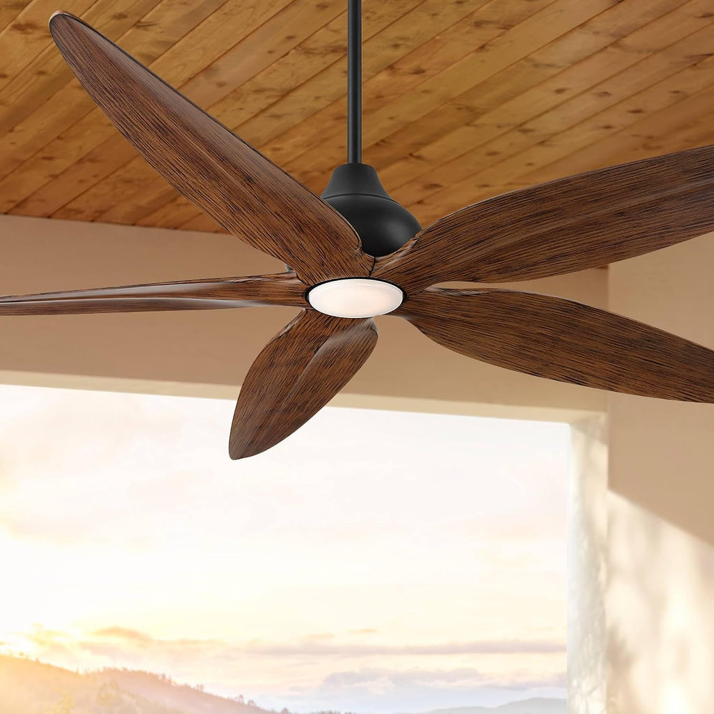 Casa Vieja 60' Lotus Bay Modern Coastal Indoor Outdoor Ceiling Fan 5 Blade LED Light Remote Control Matte Black Finish Brown Walnut Finish Blades Bedroom Patio Living Room Damp Rated Decorative