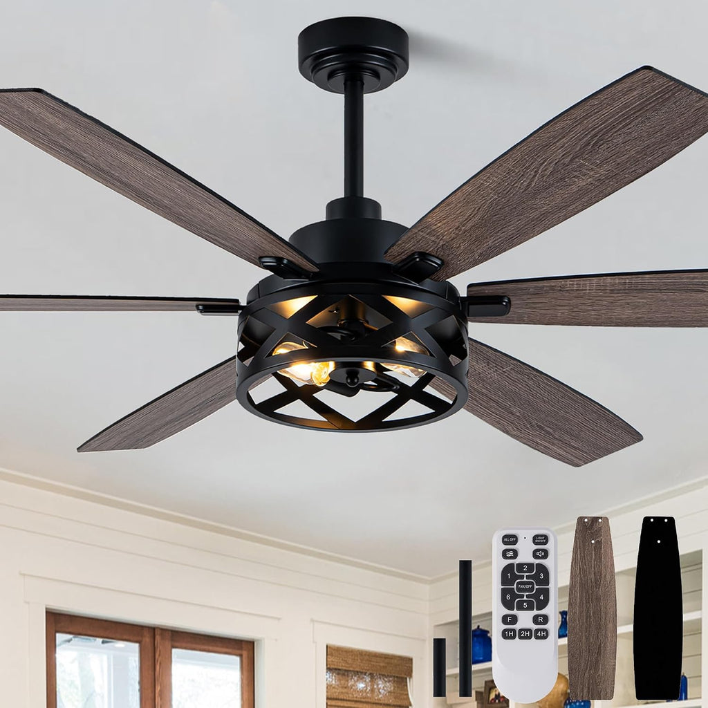 60' Farmhouse Ceiling Fan with Lights and Remote,6-Speed DC Motor Industrial Caged Ceiling Fan,Reversible Blades,Timer,2-Color Blades for Bedroom Living Room (E26 Bulbs Not Included)