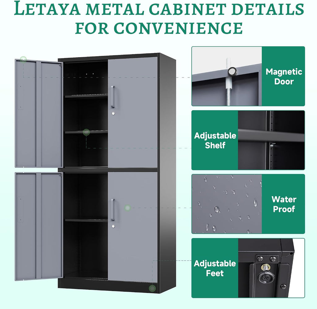 Letaya Metal Storage Cabinets with Lock Door and Shelves, Steel Garage Tool Cabinets for Home,Office, Warehouse,Lockers(71'-Black Gray)