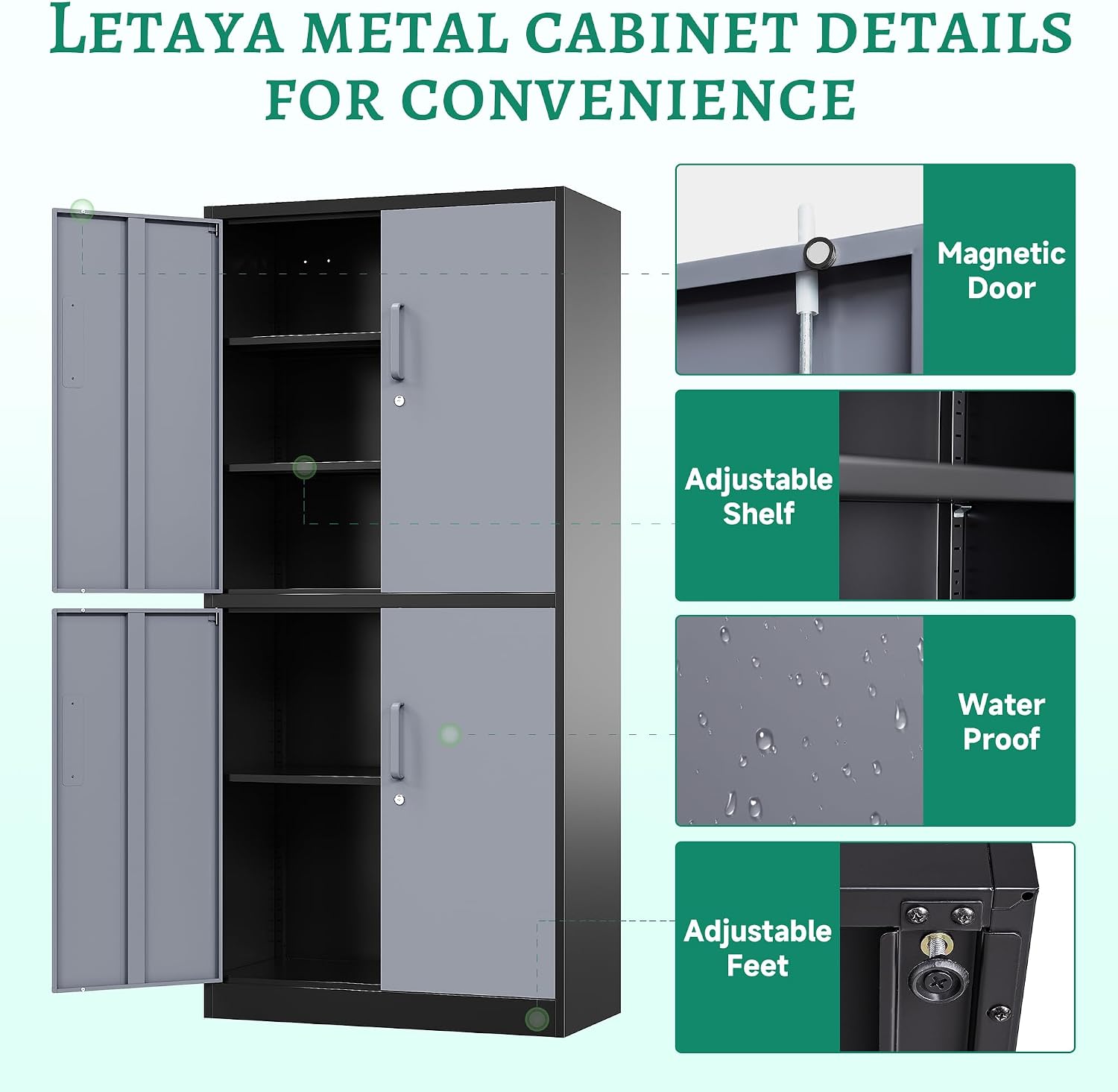 Letaya Metal Storage Cabinets with Lock Door and Shelves, Steel Garage Tool Cabinets for Home,Office, Warehouse,Lockers(71'-Black Gray)