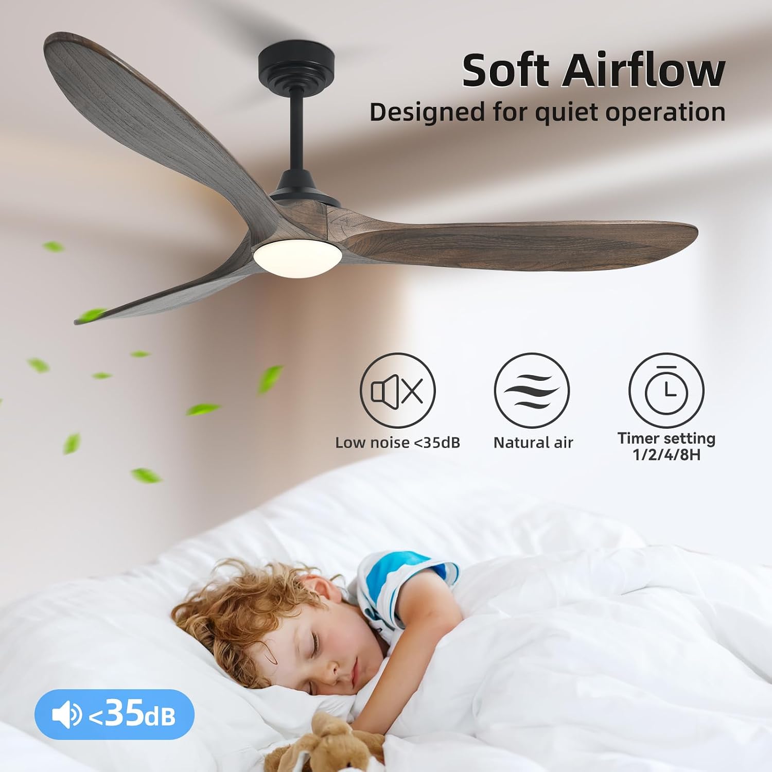 60' Outdoor Ceiling Fan with Light 3 Downrods, Smart Wood Ceiling Fan Compatible with Alexa/Google/App, 3 Blades Modern Walnut Wood Ceiling Fans for Kitchen Living Room Patio,Dark Brown