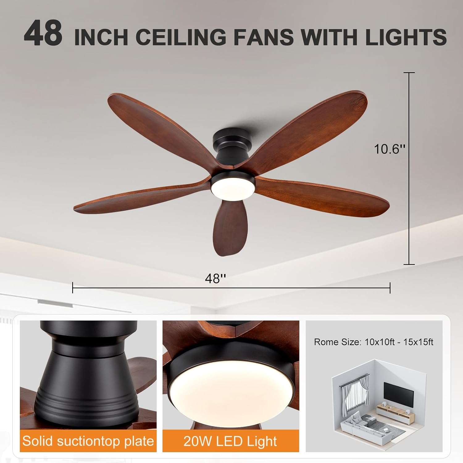 48 Inch Ceiling Fans with Lights and Remote, Low Profile Flush Mount Modern Ceiling Fan with Light, Indoor Outdoor Wood Ceiling Fan for Patio Dining Room, Wall Switch, 6 Speed DC Motor