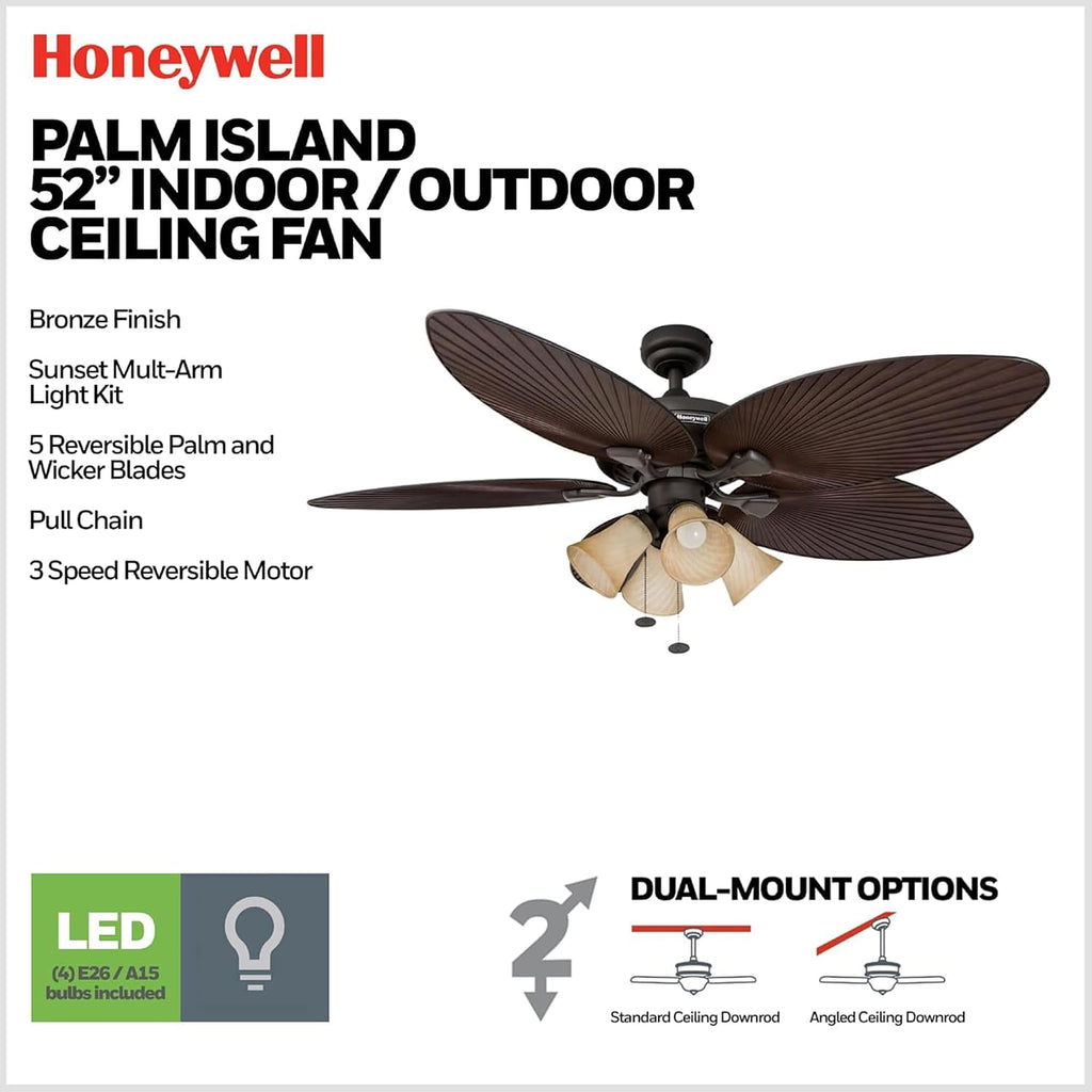 Honeywell Palm Island 52 Inch Tropical Indoor Outdoor Ceiling Fan, LED Light, 5 Palm Leaf Blades, Pull Chain Control, Quiet Motor, Oil Rubbed Bronze