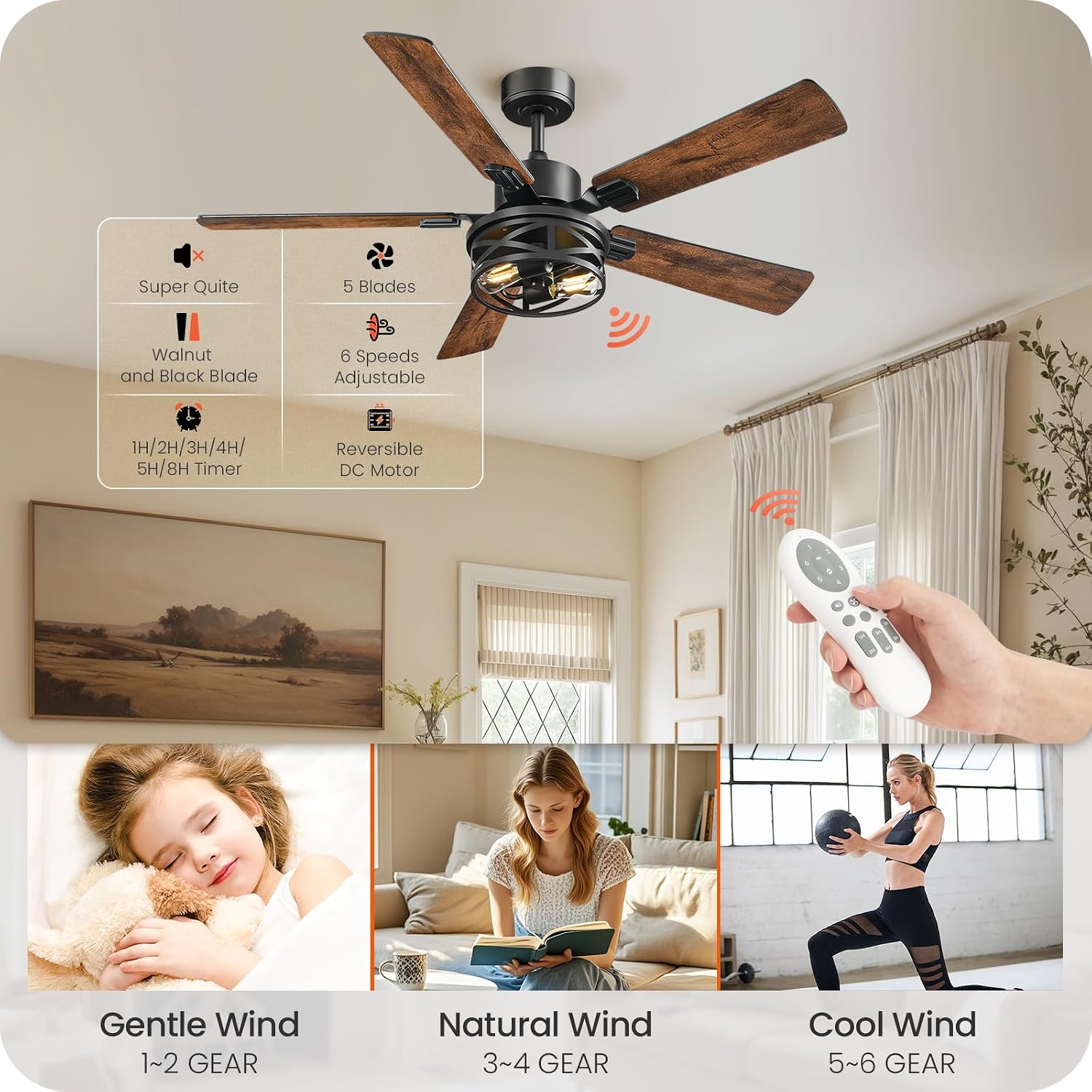 2 PACK 52 Inch Farmhouse Ceiling Fans with Lights and Remote, Timer, Dual Finish 5 Blades (Walnut and Black), 6 Speeds, Reversible DC Motor, Rustic & Industrial Caged Ceiling Fan FB01CFP205