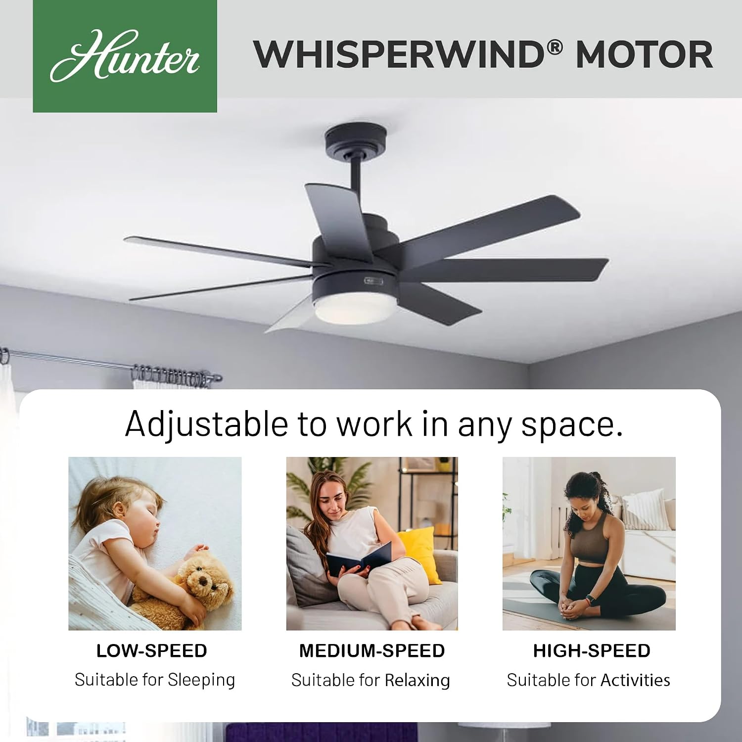 Hunter Fan 52 inch Indoor/Outdoor Matte Black Ceiling Fan with Light and Remote Control for Bedroom, Living Room, Dining Room, Kitchen, Office, Patio, CC5C15C35 (Renewed)