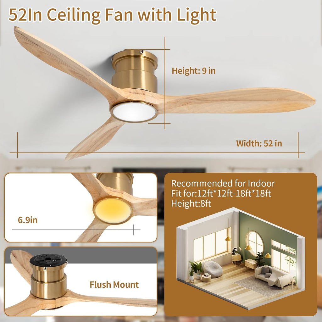 52inch Ceiling Fan with Lights,Wood Low Profile Ceiling Fans with Remote Control,Dimmable Light,3 CCT,6 Speeds,Noiseless DC Motor,Ceiling Fan for Bedroom,Living Room,Office,Indoor,Natural Wood Grain