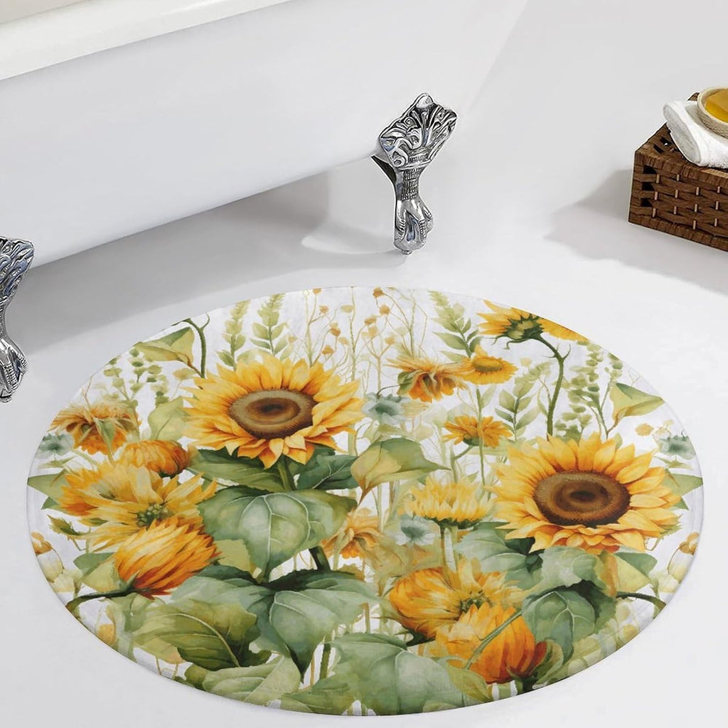 Sunflower and Corn Coral Velvet Round Floor Mat Non-Slip Bath Rug Floor Covering for Bathroom Vanity Guest Suite & Vacation Home