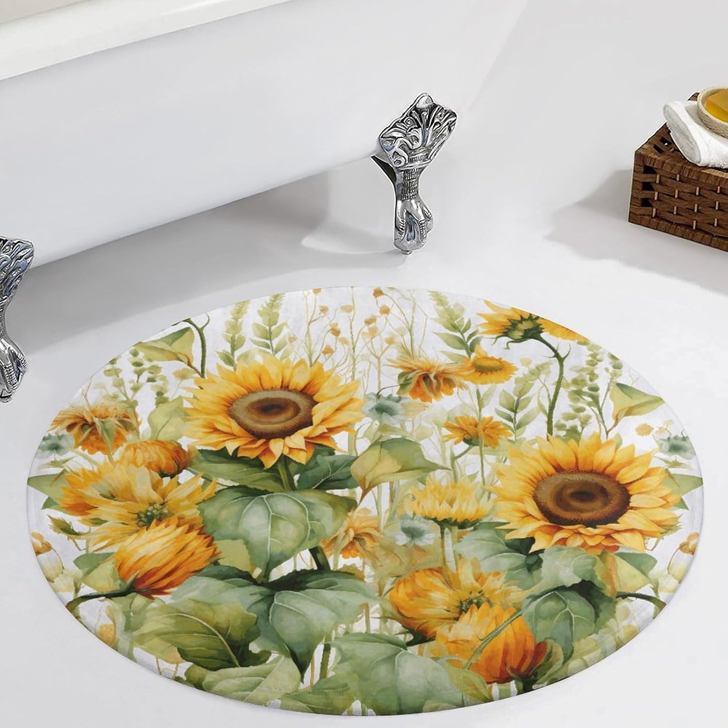 Sunflower and Corn Coral Velvet Round Floor Mat Non-Slip Bath Rug Floor Covering for Bathroom Vanity Guest Suite & Vacation Home