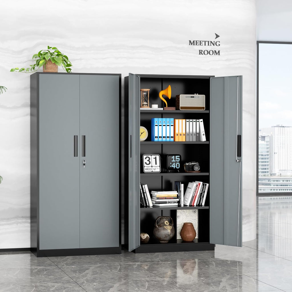 INTERGREAT Storage Cabinet with Doors and Shelves, Metal Garage Storage Cabinets with Lock, Black Lockable Steel Supply Cabinet for Home Office, Warehouse (Black Grey)