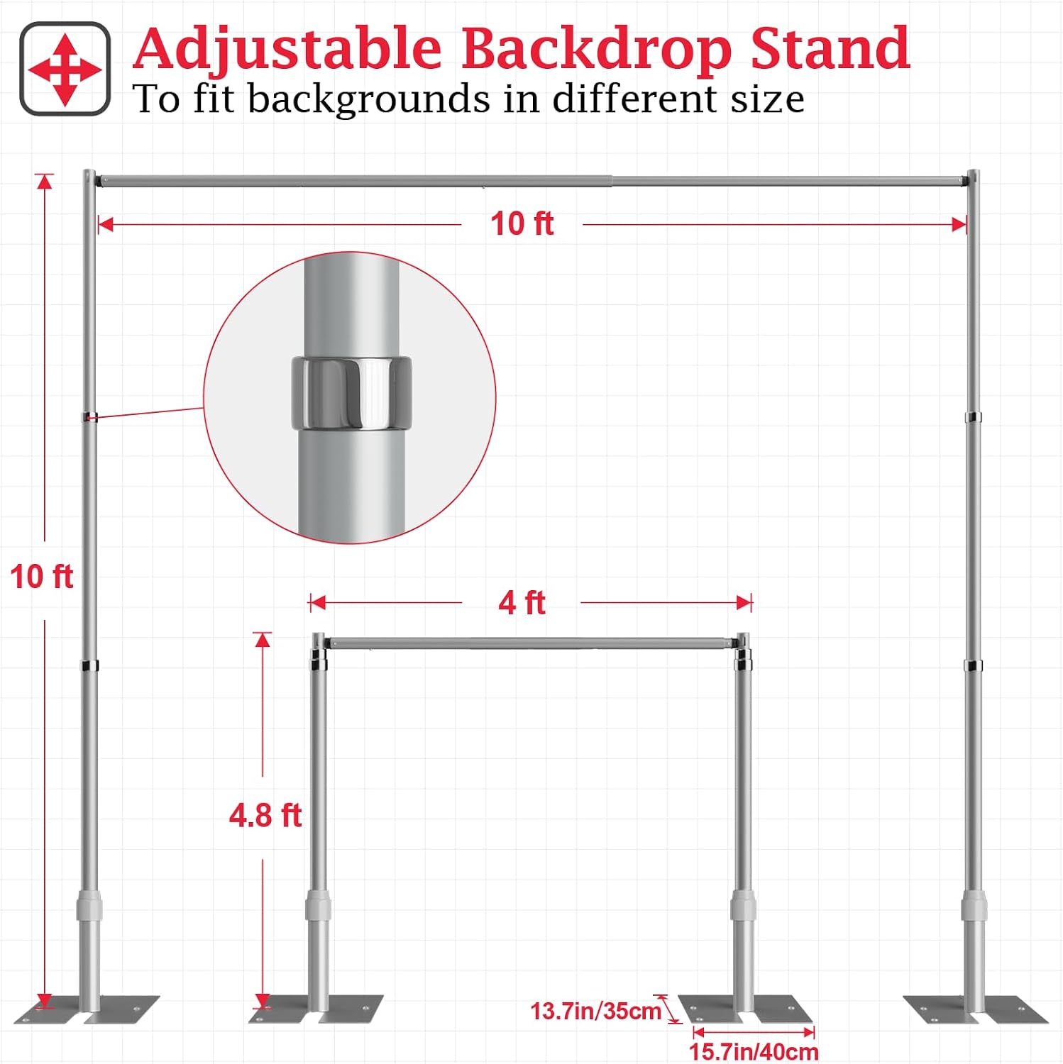 EMART Pipe and Drape Backdrop Stand Kit with 6x 6inch Clamps 10ftx10ft Heavy Duty Adjustable Photo Back Drop with Flat Base for Party, Photography, Wedding, Birthday, Banquet Decorations