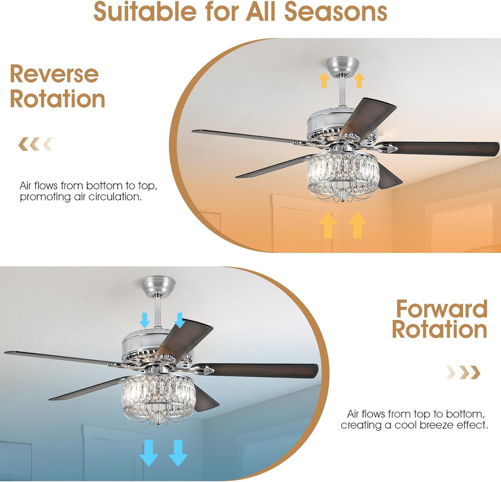 Kviflon Farmhouse Crystal Ceiling Fans with Lights and Remote, 52 Inch Chandelier Ceiling Fans, Chrome Fandelier Ceiling Fan for Bedroom Living Room, Quiet DC Motor, Reversible, Bulb not Included