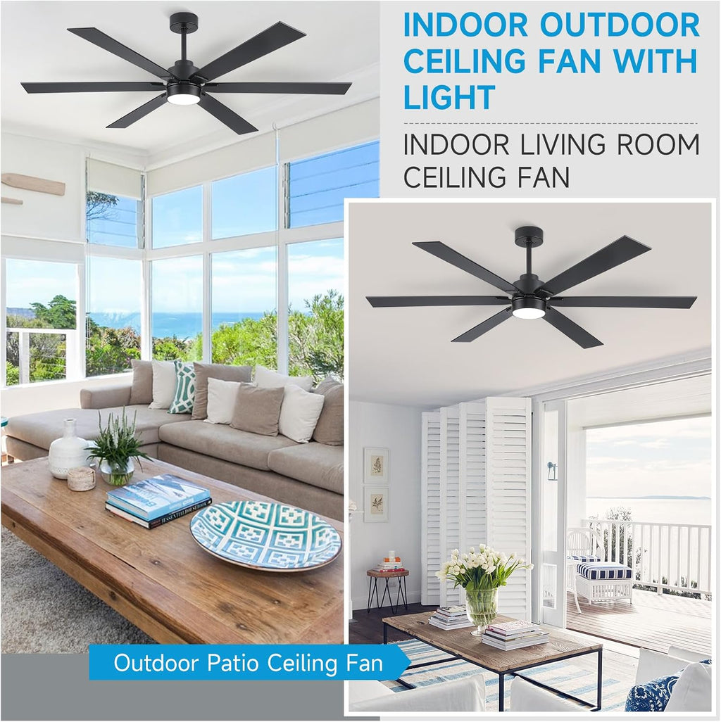 66 Inch Large Outdoor Ceiling Fans for Patios with Lights, Modern Black Ceiling Fan with Light and Remote, 6 Blades Reversible DC Motor Ceiling Fan for Indoor Living Room Porch Gazebo Commercial