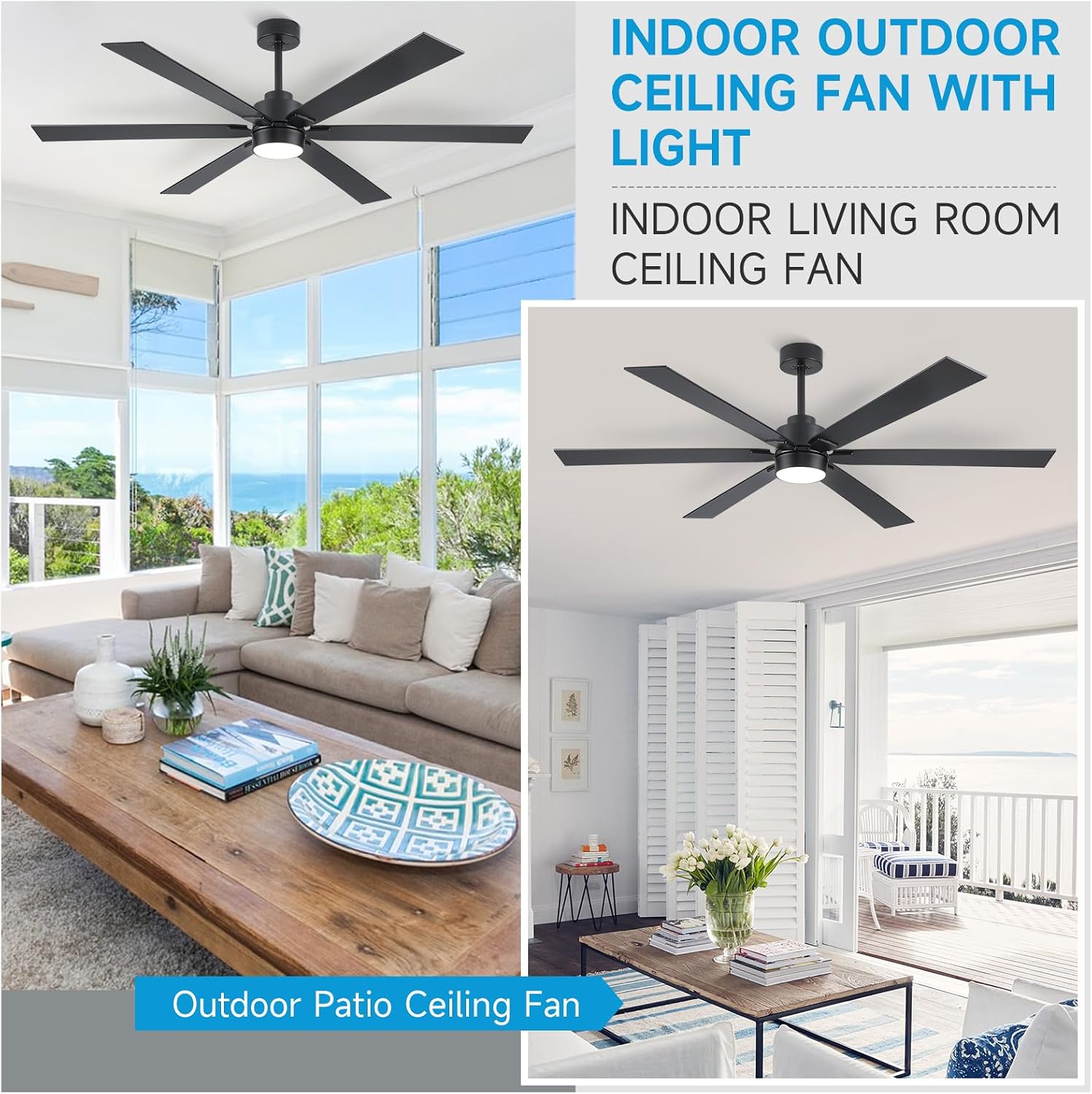 66 Inch Large Outdoor Ceiling Fans for Patios with Lights, Modern Black Ceiling Fan with Light and Remote, 6 Blades Reversible DC Motor Ceiling Fan for Indoor Living Room Porch Gazebo Commercial