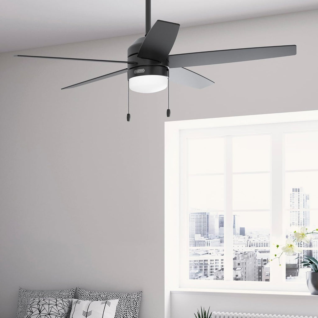 Hunter Fan 52 Inch Matte Black Indoor Ceiling Fan with Light and Pull Chain for Bedroom, Kitchen, Living Room (Renewed)