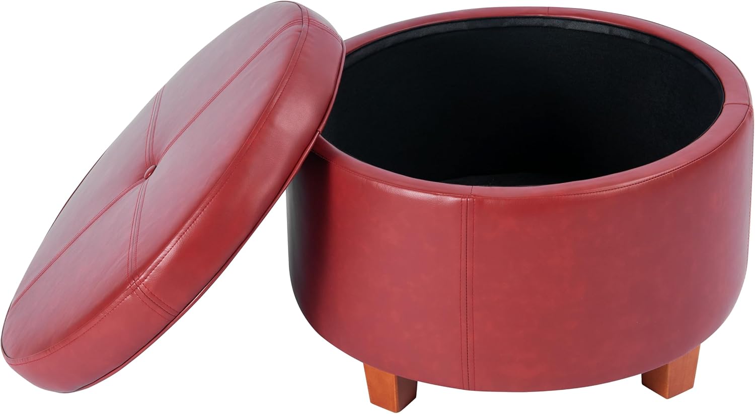 HomePop Round Leatherette Storage Ottoman with Lid, Cinnamon Red Large