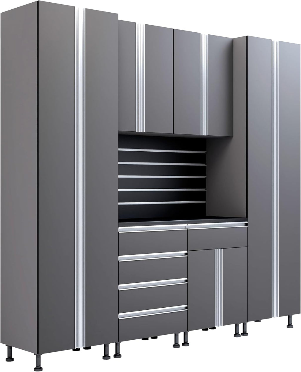 Premium Garage Cabinets 7' Storage Sets Solution with Adjustable Legs, Soft-Close Drawer & Door, Integrated Handles, Heavy Duty Plywood Box Construction, Tool and Equipment Organizer (Combo 7CS-012B)