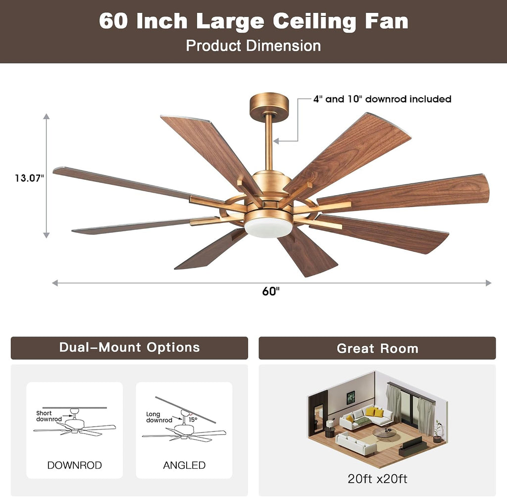 60 Inch Gold Ceiling Fans with Lights and Remote, Modern Large Outdoor Ceiling Fans for Patios, Quiet Reversible DC Motor, 6 Speeds, 3CCT, Timer, Chandelier Ceiling Fan for Living Room Bedroom