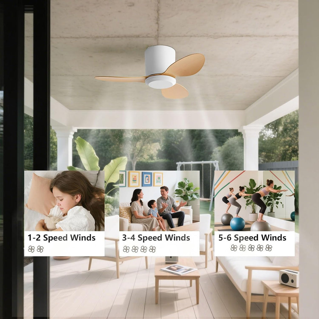 Flush Mount Ceiling Fan No Light Modern Small Ceiling Fans Remote Control 6 Speeds 25 Inch Ceiling Fan Without Lights Quiet DC Motor, 3 Blades For Restaurant Bedroom Patio Indoor