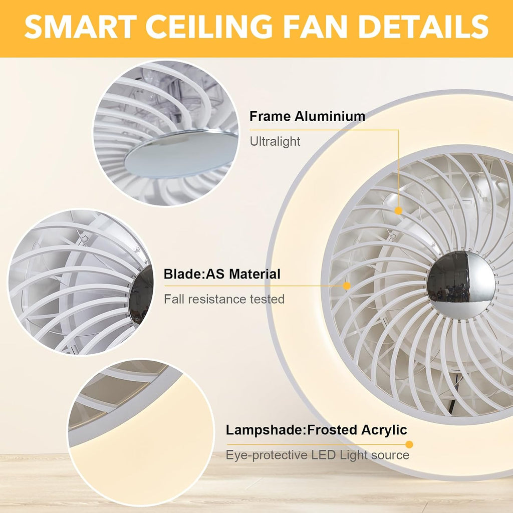 Low Profile Ceiling Fans with Lights, 24' Caged Modern Flush Mount Ceiling Fan with LED Light, Housing Finish White, RGB Back Light