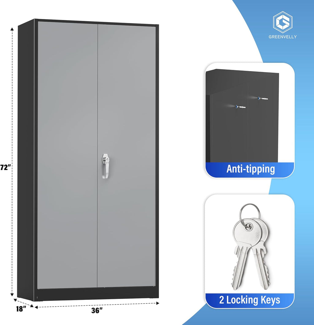 Greenvelly Metal Storage Cabinet with Doors and Shelves, 72' Inch Locking Metal Cabinet,Garage Storage Cabinet for Garage Office School Warehouse (Black Gray)