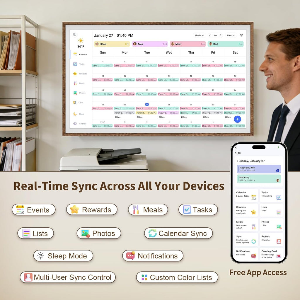 32 Inch Digital Calendar Chore Chart with Touchscreen - Full HD Interactive Display, Wall & Desk Mountable Family Planner, to-Do List & Meal Planner, Digital Picture Frame Gifts for Women Mom