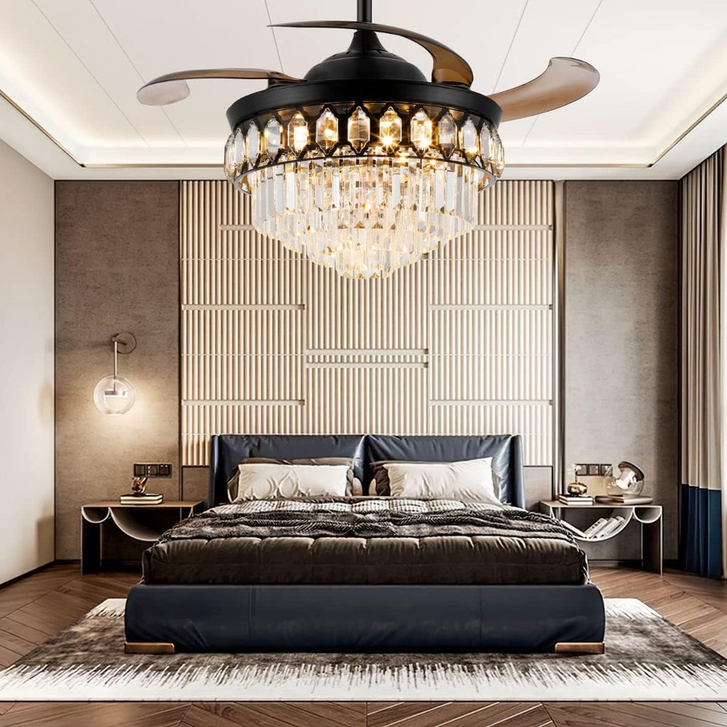 42 Inch Crystal Chandelier Ceiling Fan with Light Retractable Invisible Blade LED Lighting with Remote Control 6 Speed 3 Lighting Change Black Fandelier with Memory Function Black