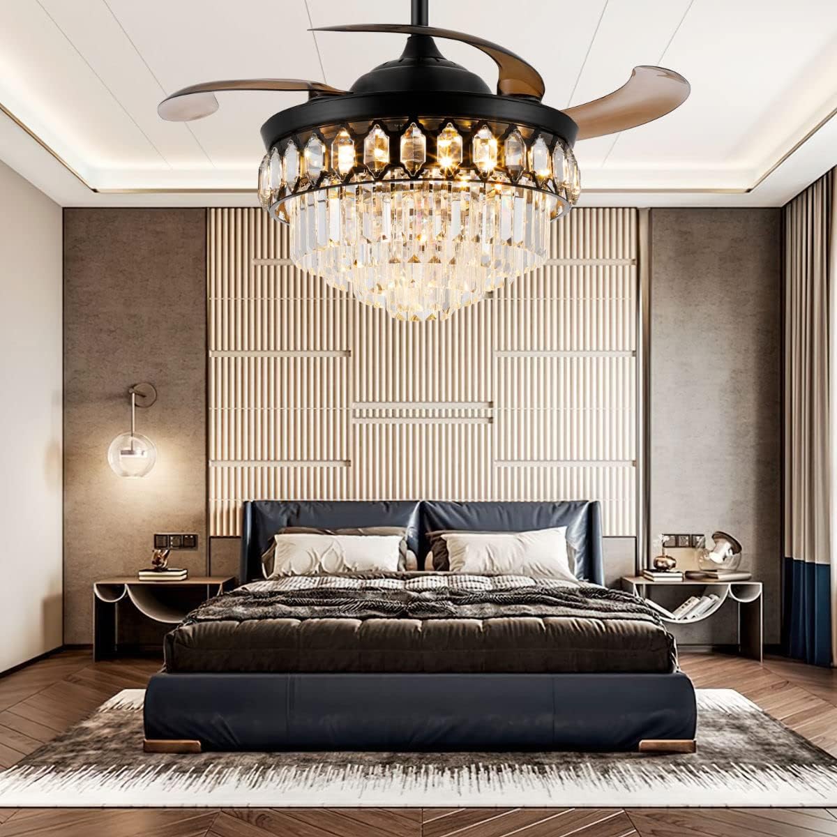 42 Inch Crystal Chandelier Ceiling Fan with Light Retractable Invisible Blade LED Lighting with Remote Control 6 Speed 3 Lighting Change Black Fandelier with Memory Function Black