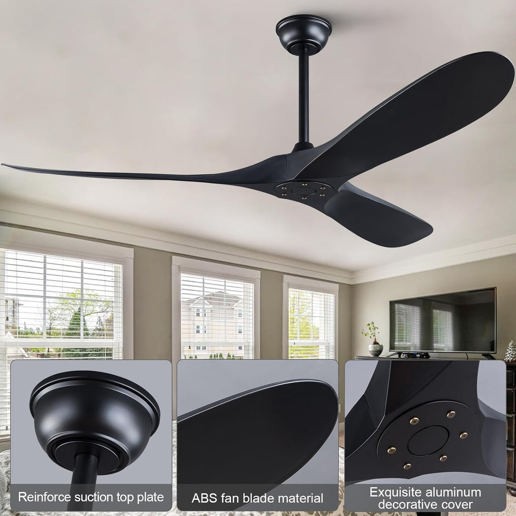 52'' Ceiling Fan without Lights, Black Modern 3 Blades Ceiling Fan with Remote Control, 6 Speed Quiet Reversible DC Motor, Indoor Outdoor Ceiling Fans for Bedroom Dining Room Study Patios.