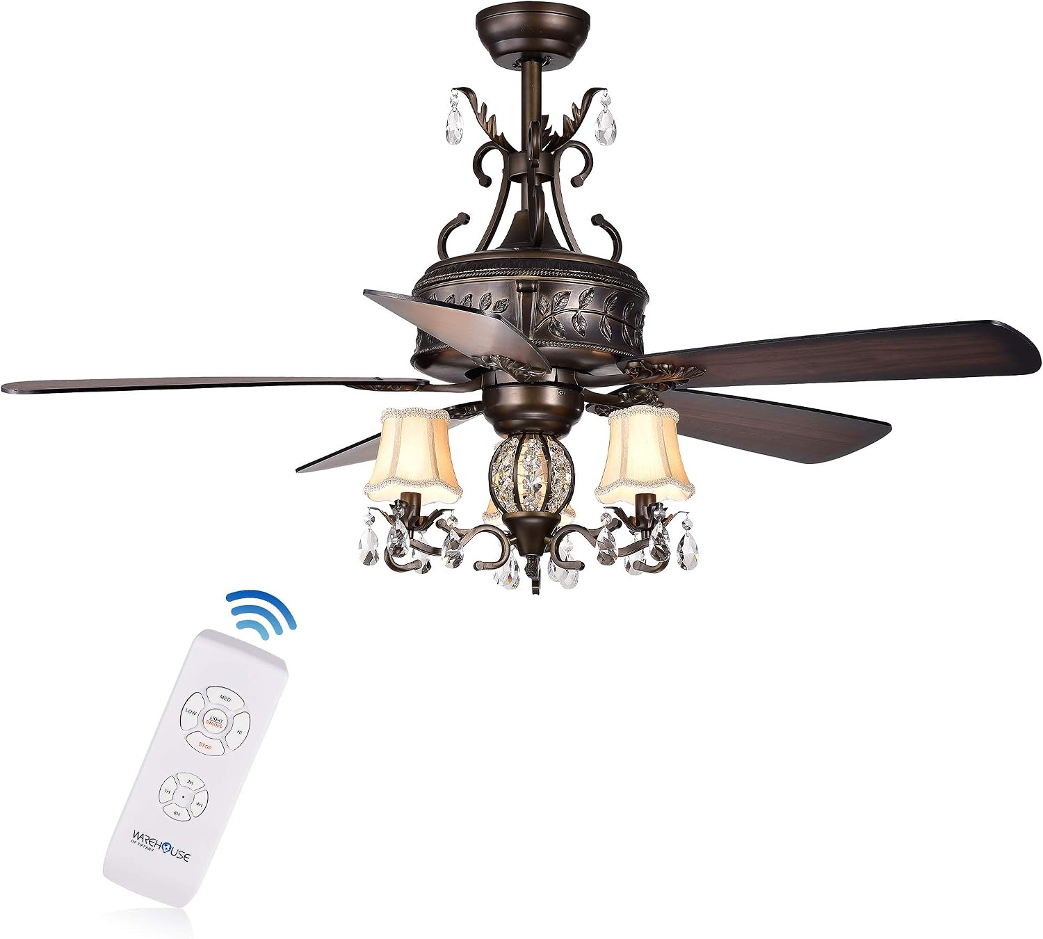 Firtha 52-Inch 5-Blade Antique Lighted Ceiling Fans with Branched French Chandelier (with Remote)